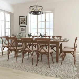 8' x 40 Rustic Folding Farm Table Set with 10 Cross Back Chairs and Cushions(Antique Rustic)