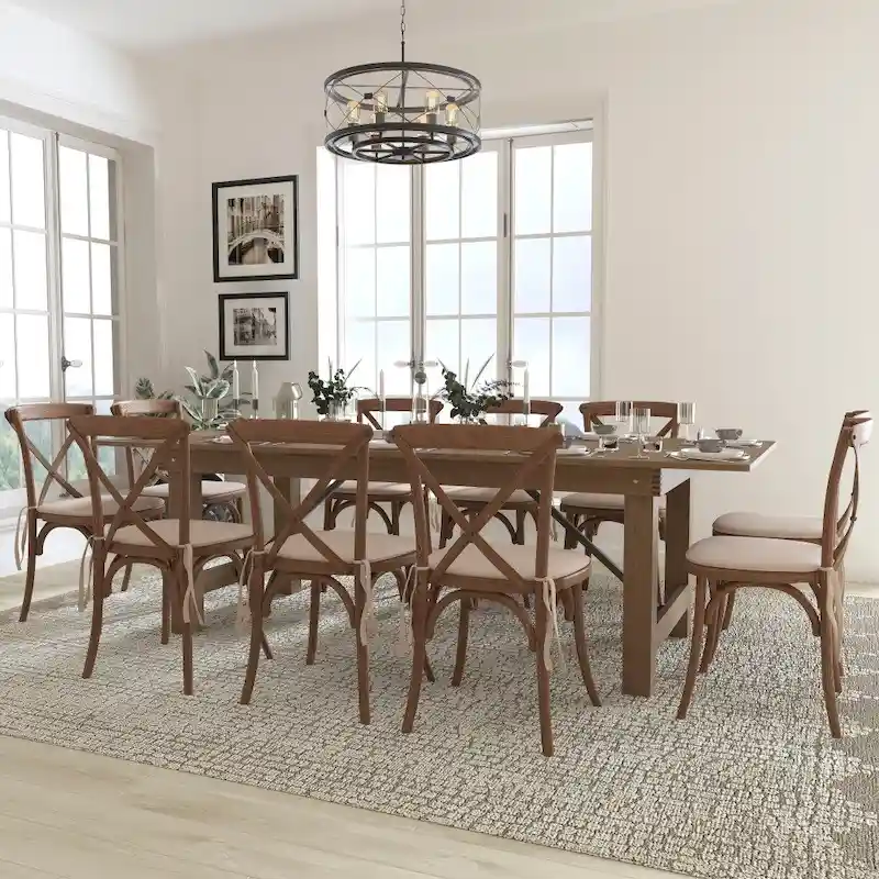 da10197f5a8d46fe470e4e6c85128f07504ee39fbe0591f8f9e984e6c959bda9 8' x 40 Rustic Folding Farm Table Set with 10 Cross Back Chairs and Cushions(Antique Rustic)