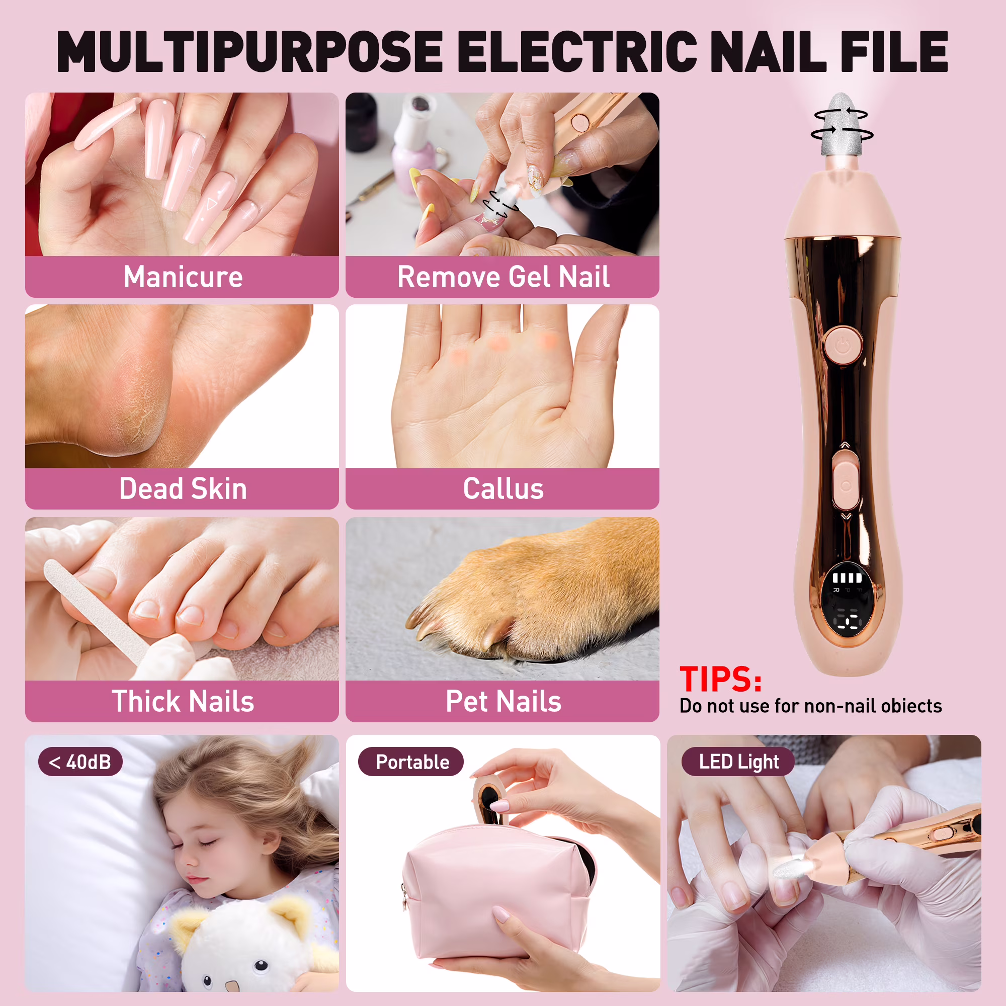 CshidWorld Cordless Electric Nail File, 10-Speed Nail Drill Kit with LED Light, Professional Portable Manicure Pedicure Tool for Thick Nails, Hand & Foot（Pink）