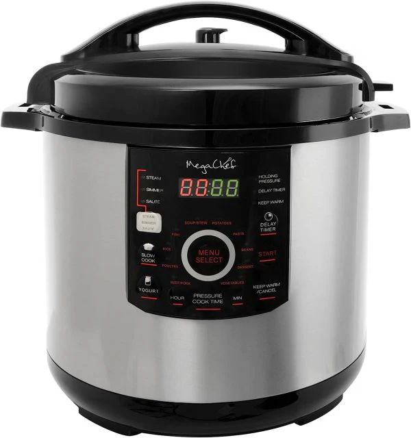 dae6ac1186db07d271d703effe179e68597613c0361b4e23517814adb3bb48aa 12 Quart Digital Pressure Cooker with 15 Preset Options and Glass Lid, Silver