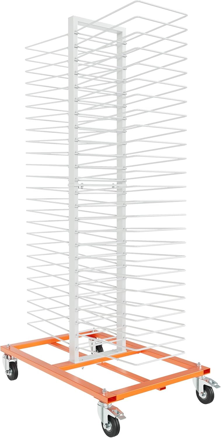 dc91184cc4bf8dc15fab3a486bdaa6e4fff0e10c9443a614297f4d7350c90b25 50-Shelf Paint Drying Rack with Wheels, 25lbs/Shelf, Orange/White