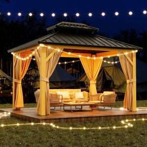 2025 10X13 FT Outdoor Galvanised Steel Hardtop Gazebo, Heavy Duty Double Roof Outdoor Gazebo with Netting and Sunshade Curtains, Aluminium Framed Gazebo for Patio, Terrace, Lawn and Deck, Khaki