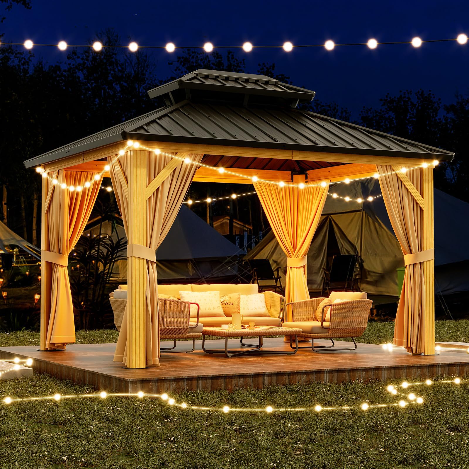 dc9e51fabb13f9e49ac099809abbc1f9873be1250a7d915550686bbd99e1366b 2025 10X13 FT Outdoor Galvanised Steel Hardtop Gazebo, Heavy Duty Double Roof Outdoor Gazebo with Netting and Sunshade Curtains, Aluminium Framed Gazebo for Patio, Terrace, Lawn and Deck, Khaki