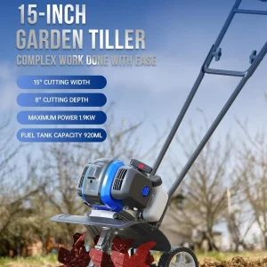 Garden Tiller 53cc Mini Cultivator 15 inch Powerful Liftable Booster Rod Tilling Tool for Lawn, Garden and Field Soil Cultivation
