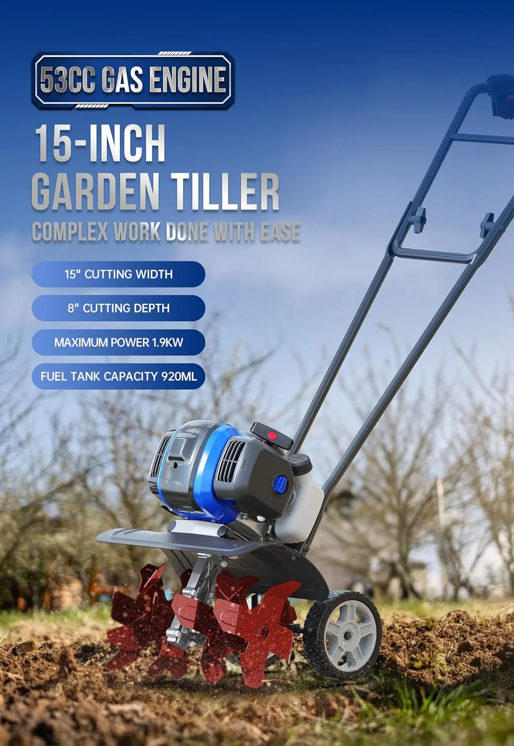 dce5e879ed787d910de570841e2c4611f80a4028836714d9bebec3f1934391e8 Garden Tiller 53cc Mini Cultivator 15 inch Powerful Liftable Booster Rod Tilling Tool for Lawn, Garden and Field Soil Cultivation