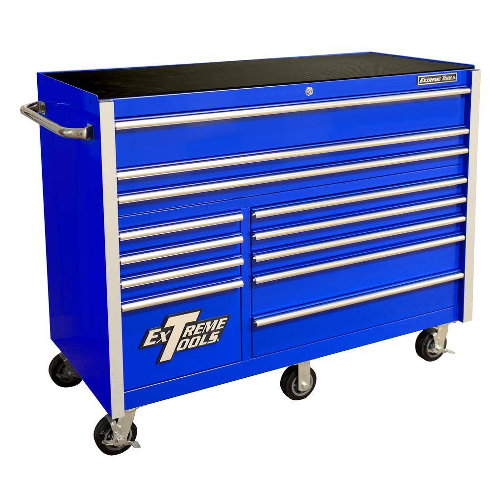 dce638d85f8f9a5a827d4c0759c23a37a497c3cf373df757219fc650989bed40 Extreme Tools THD Series 55 in. 12-Drawer Roller Cabinet Tool Chest in Blue THD552112RCBL