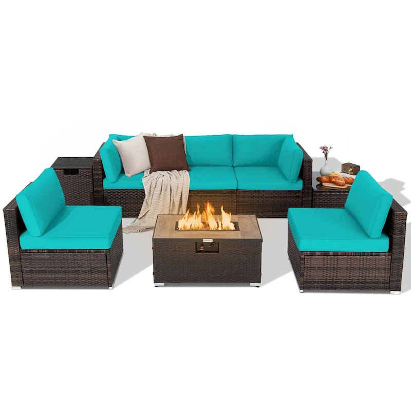 ddbbb52025fa4fbd084fcab12a2cf6cb62e2cb32c6ea4e8ccdbff06999bf7796 8PCS Patio Rattan Furniture Set Fire Pit Table Tank Holder Cover Deck(Brown+turquoise)