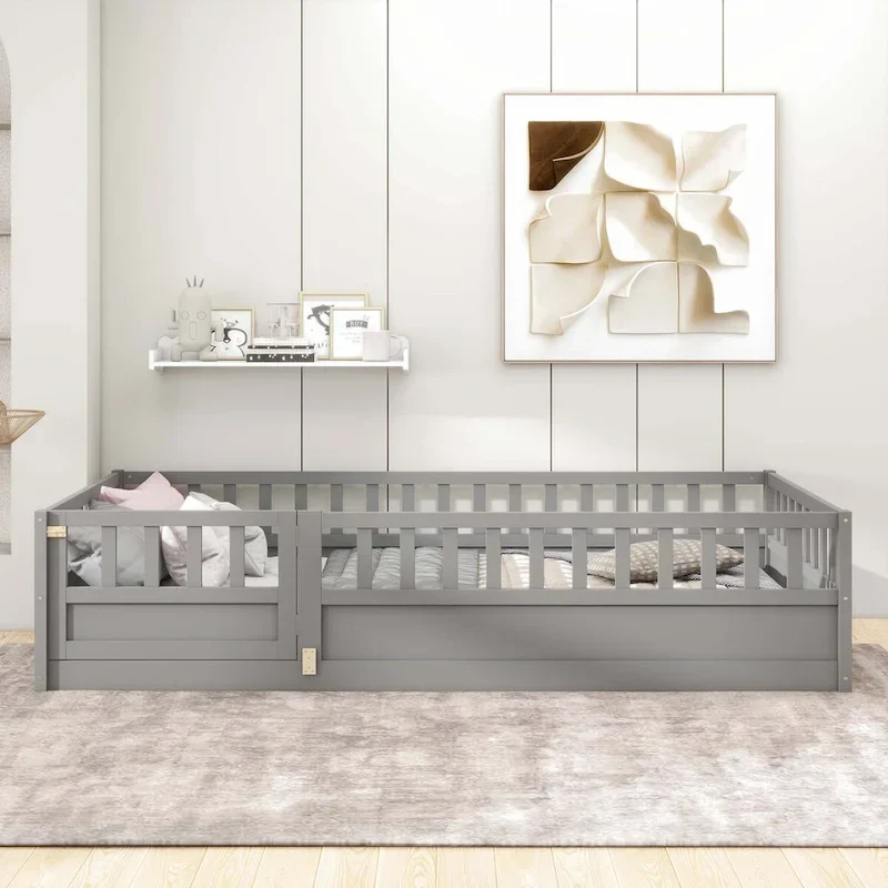 ddf39d51c818e3f8a4fa82d1a22d60e827f35c89d52ab40a313ef208b89e57c7 Montessori wooden children's floor bed with Support slat(Grey/TWIN)