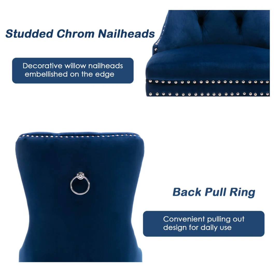 de6dab48bb0eb0fb01ed0ac979fac85594dfcf5ce610b53ea0618149c385e4ee 6x Velvet Dining Chairs Upholstered Tufted Kithcen Chair with Solid Wood Legs Stud Trim and Ring-Blue