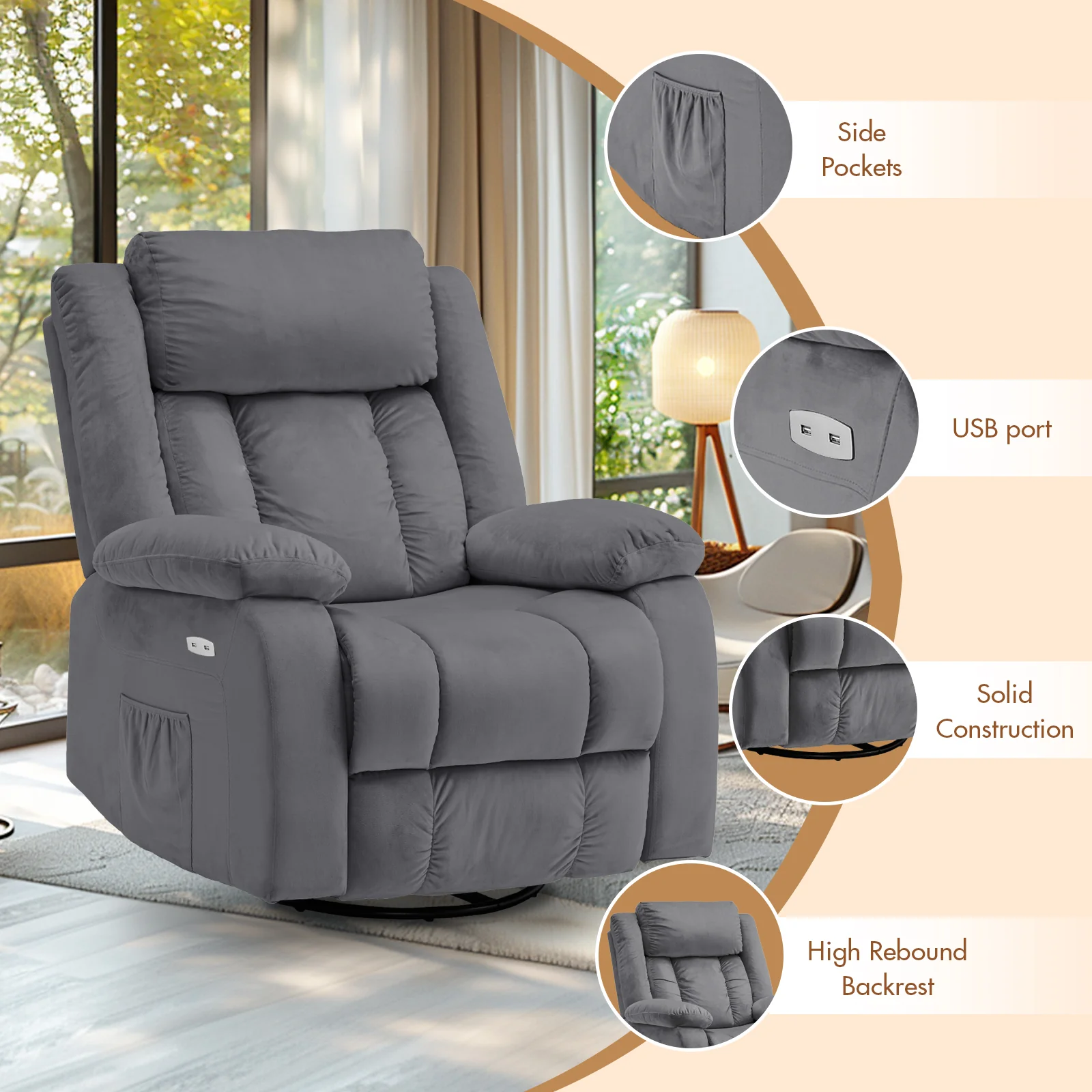 dfe78120572823c97bd209547a41d14cd9ceee29f0ff83b09028b8916ec04c30 360¡ã Swivel Heated Recliner Massage Chair(Grey)