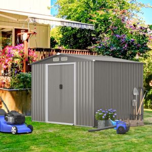 8 x 6 FT Outdoor Metal Storage Shed Garden Tool Storage Room with Foundation, 4 Louvers, Double Doors  Ramp(Gray)
