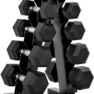 CAP Barbell Rubber Coated Dumbbell Weight Set with Vertical Rack | 100 lb, 150 lb, and 210 lb Options(100 lb - Set/12-Sided Black Handle)