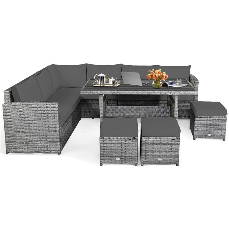 e2a3f51adc3259bef912ab62b259979a05890f14c2513dd7ff0501d86a8137f0 7 Pcs Rattan Patio Dining Furniture Sectional Sofa Set with Dining Table, Ottomans Cushions(White)