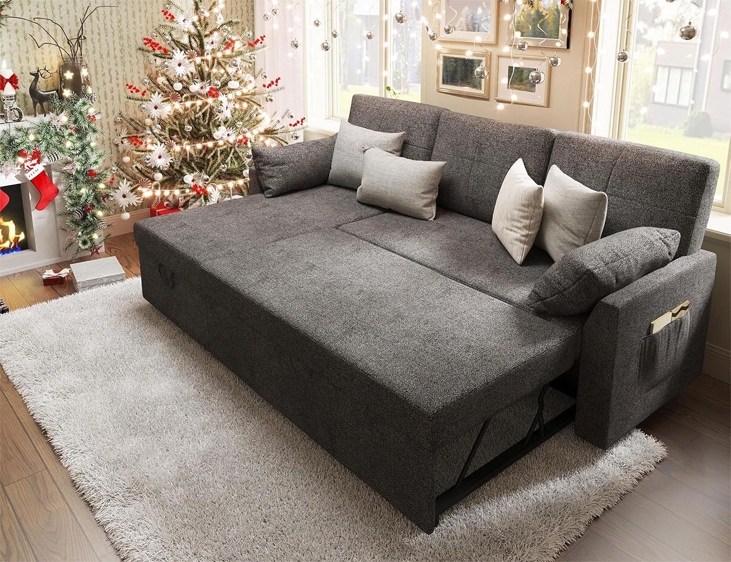 e383ce25daefd71baf6d882011f58f147c894eac5f4e212f2003b6325f9d5f31 VanAcc Sofa Bed, Sleeper Sofa with Storage Chaise 2 in 1 Pull Out Couch Living Room(84in x 59in/Dark Grey)