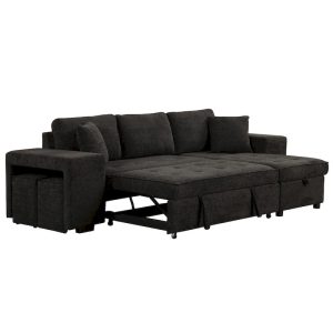 104 Modern L-Shape 3 Seat Reversible Sectional Couch, Pull Out Sleeper Sofa with Storage Chaise and 2 Stools(Charcoal Grey)