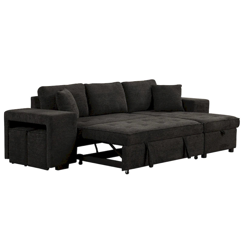 e44b60ec4b82dcdf78e1213b952c7490c34fd3b95aec968c124f4efbd5234bb8 104 Modern L-Shape 3 Seat Reversible Sectional Couch, Pull Out Sleeper Sofa with Storage Chaise and 2 Stools(Charcoal Grey)