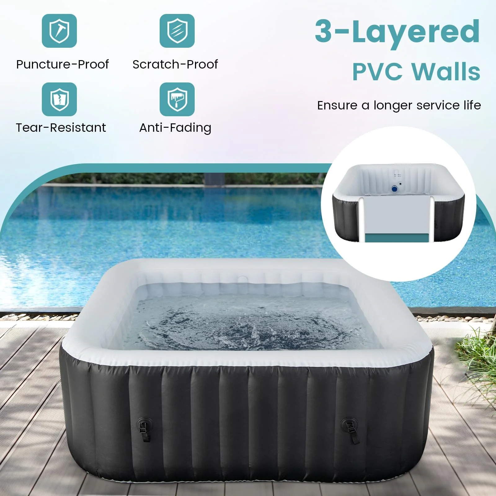 e4a535772d0a0af108bbeb93e77c939fccd6fd7e235709cf5446d77383f5f9f6 Inflatable Hot Tub, Blowup Pool Hottub, Portable Outdoor Water SPA(71''x70'' Rectangular 4-6 Person)