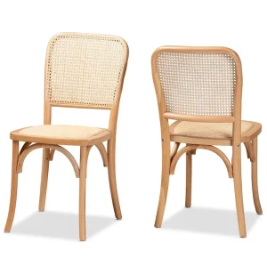 Neah Mid-Century Modern 2-Piece Woven Rattan and Wood Dining Chair Set(Beige, Natural Brown)