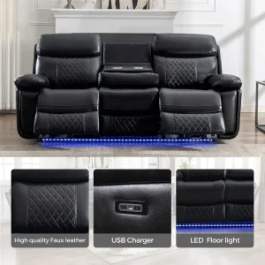 Power Reclining Sofa with Wireless Charger,Reading Light,LED Light for Living Room,Faux Leather,AC/USB Port,Cup Holder,Black(Black-1-seat)