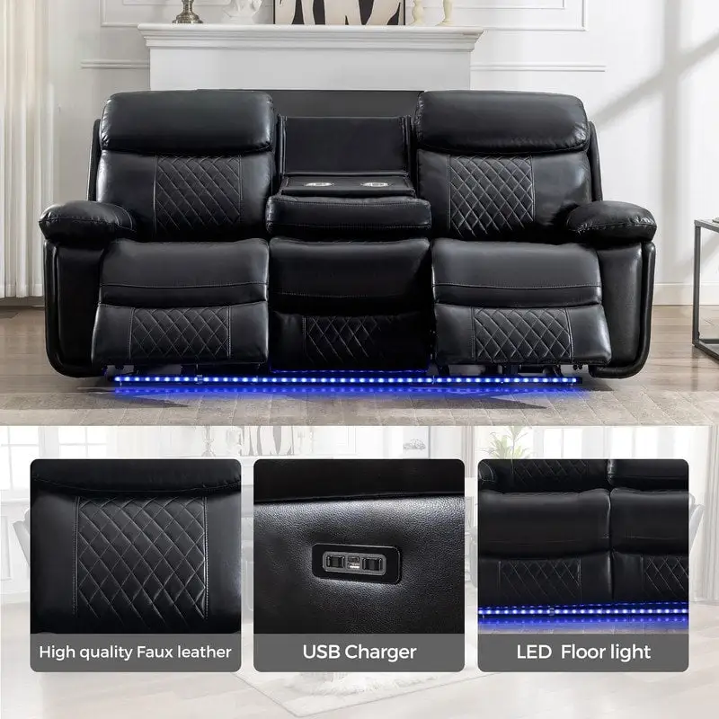 e4cd78135ec822ce78c43e0e9aa6318a685cd3c0cf40941586d8ed94d8868988 Power Reclining Sofa with Wireless Charger,Reading Light,LED Light for Living Room,Faux Leather,AC/USB Port,Cup Holder,Black(Black-1-seat)