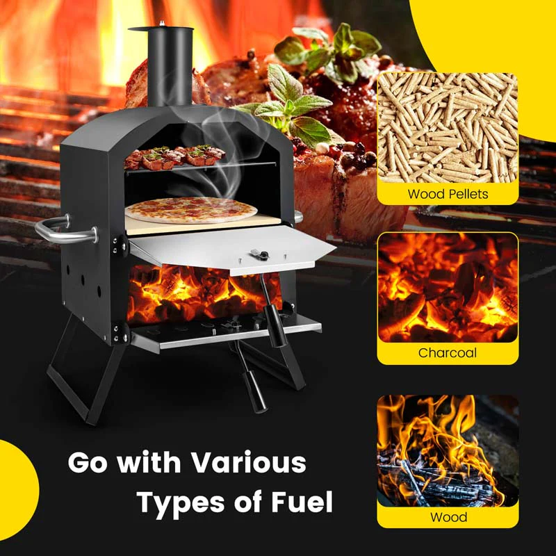 e4d2d482cbf62bd97b46317ca614abef45f25350dba48c6203c85f737329a11f 2-Layer Outdoor Pizza Oven Wood Fired for Camping BBQ, Stainless Steel Portable Grill Pizza Maker with Folding Legs(Default Title)