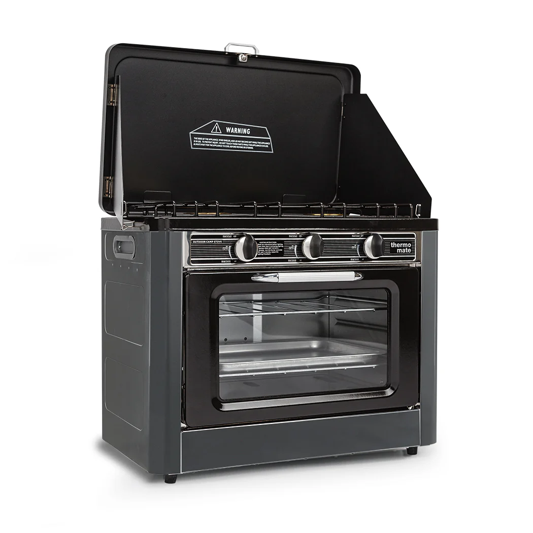 e582091fb138338858c03415df0861a852b3c12557da7f3ae5904657f9d10d8b THERMOMATE 2 Burner Gas Portable Camping Oven Stove Combo, Grey
