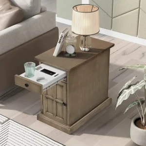Classic Vintage End Table Side Table with USB Ports and 1 Multifunctional Drawer with Cup Holders(Antique Brown)