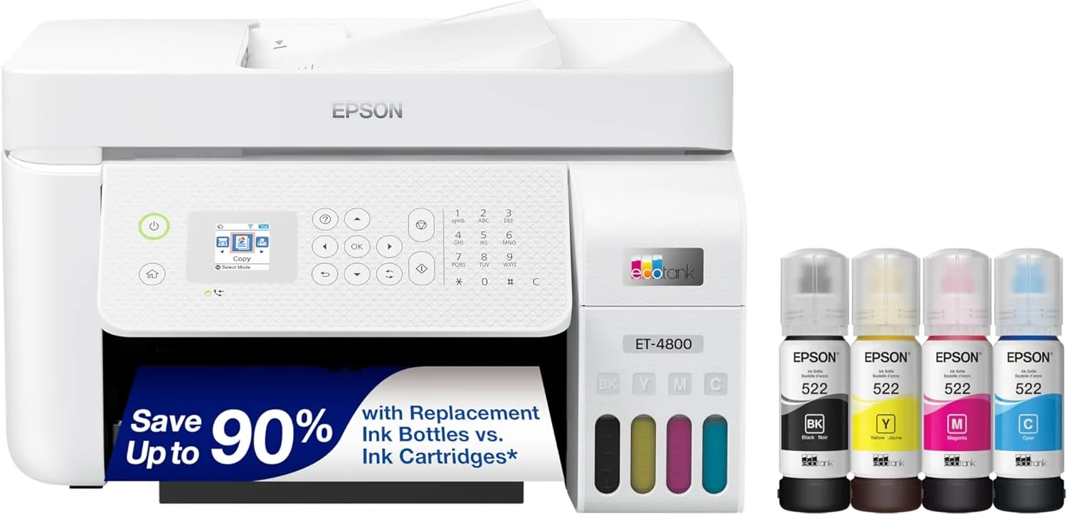 e63dd7085a2805f53152e4f4a898f23ad7eb76627ecdc34caef4703b5dde26c8 Epson EcoTank ET-4800 Wireless All-in-One Inkjet Printer, Scanner, Copier, Fax, ADF, Ethernet, White