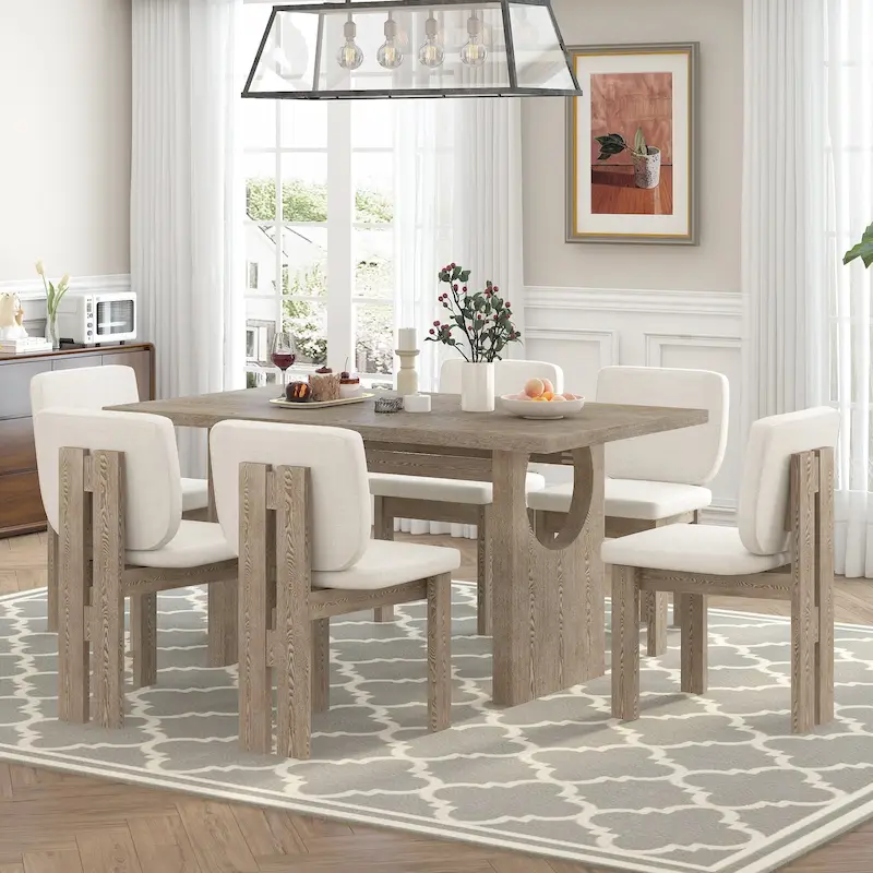 e6558acfe646597c5c427bbfb49aac1baa6ecf430396e70812c6b84bb4abc610 7 Piece Dining Table Set, Solid Wood Kitchen Table Set with Rectangular Table, Designed Trestle Base and 6 Upholstered Chairs(Natural Wood Wash)