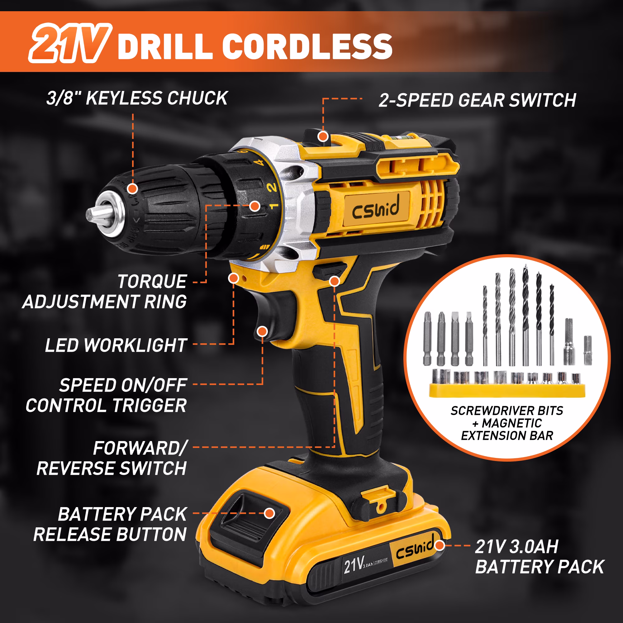 e68255dd74f657a8cfe447453ca8c4eef3626dd45d1c662f35fed93775bfbd47 Cshidworld Tool Set with 21V Cordless Drill, Drill Set with 2 Batteries and Charger, 95PCS Electric Power Drill Tool Kit, Repair Tools Sets Combo Kits Storage Organizer Case for Men Women, Yellow