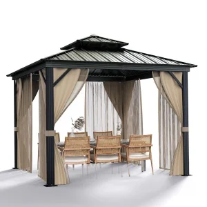 10x10 Hardtop Gazebo with double metal roof, aluminum frame, net, and curtain. All-weather, ideal for patio, deck, garden, backyard. Khaki.(Khaki/10x10FT)