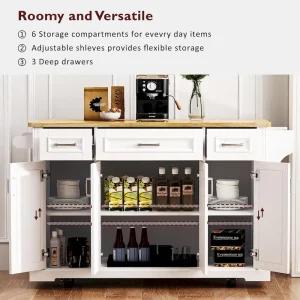 Large Kitchen Island with Wood Drop Leaf, Embossed Texture Rolling Kitchen Cart wDoors and Drawers wStorage for Kitchen, White(White)