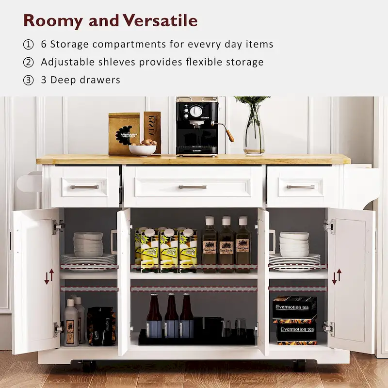 e715c4535308481165527c740be9c4cfc1537080026c296e2a64961dba30d65c Large Kitchen Island with Wood Drop Leaf, Embossed Texture Rolling Kitchen Cart wDoors and Drawers wStorage for Kitchen, White(White)