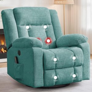Rocker Recliner, Glider Recliner Chairs for Adults, 360¡ã Swivel Rocking Chair with Massage and Heating, Nursery Chair with Storage and USB Charging for Living Room, Bedroom, Nursery(cerulean-blue/swivel-rocker-recliner)