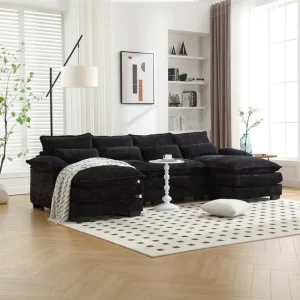 Sectional Sofa Cloud Couch for Living Room, Modern Chenille/Boucle U Shaped Couch, Comfy Modular Sofa Sleeper with Double Chaise(Black-chenille)