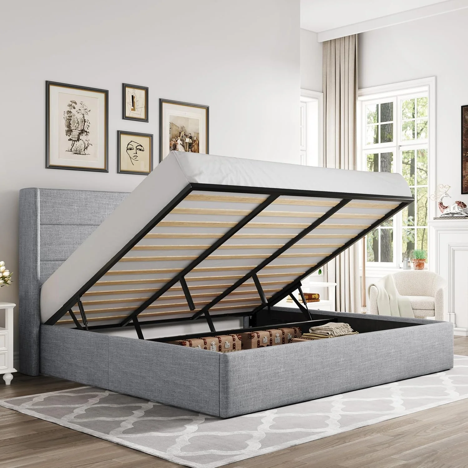 e815d81912945018c0d4e66447bf5f4cb7f2d877b0d2a8047f5b1c80b3f0ac26 Allewie Queen Size Lift Up Storage Bed, Modern Wingback Headboard, Hydraulic Support, No Box Spring Needed, Light Beige(King/Modern/Light Grey)