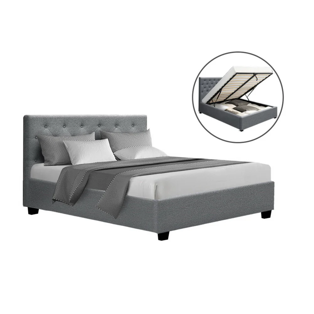 e8766891c1782447250cbe87c6e6ed04de23cd22e0a34702e8cacb32a6c2c688 Artiss Vila Bed Frame Fabric Gas Lift Storage - Grey Double
