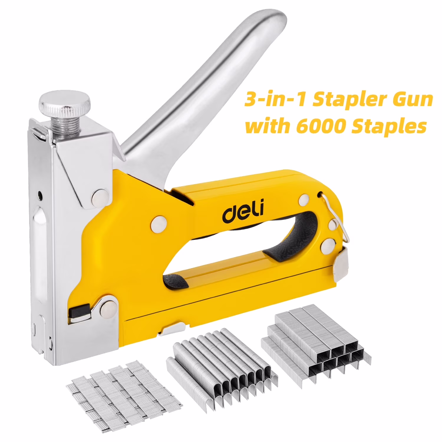 Deli Staple Gun, Heavy Duty Staple Gun, 3 in 1 Manual Nail Gun with 6000 Staples(D, U and T-Type), for Upholstery, Material Repair, Carpentry, Decoration, Furniture, DIY