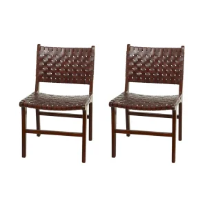 Leather Handmade Woven Dining Chair with Teak Wood Frame - Set of 2 Brown, White or Black- Roche River Decor(Brown)