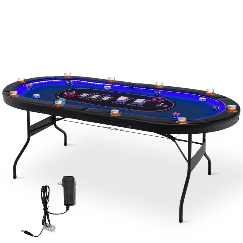 e8b4c4a22e7209f68bc89afbf6a4e1c62f7bdb591a6868557d45f6e18b0f3611 10 Players Folding Game Poker Table for Texas, Card Games, Casino Leisure Table with Cup Holder, 4 USB Ports, Extra Lights