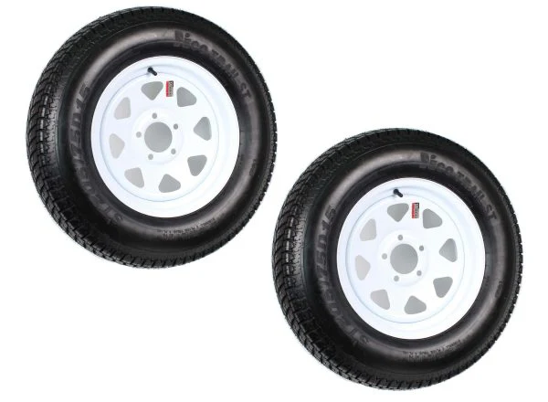 e8de37bdf92a1b00187a8d35c8032f9f3ebea39f59c8759f7590a4fef2f08114 2-Pack Trailer Tire On Rim ST205/75D15 205/75 D 15 in. LRC 5 Hole White Spoke