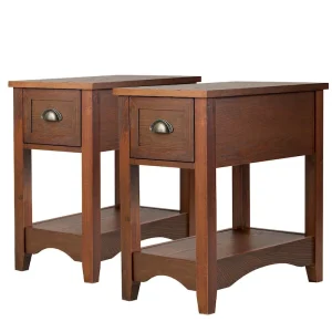 Gymax Set of 2 Contemporary Side End Table Compact Table w/ Drawer - 13 X 22 X 23 (L X W X H)(Walnut)