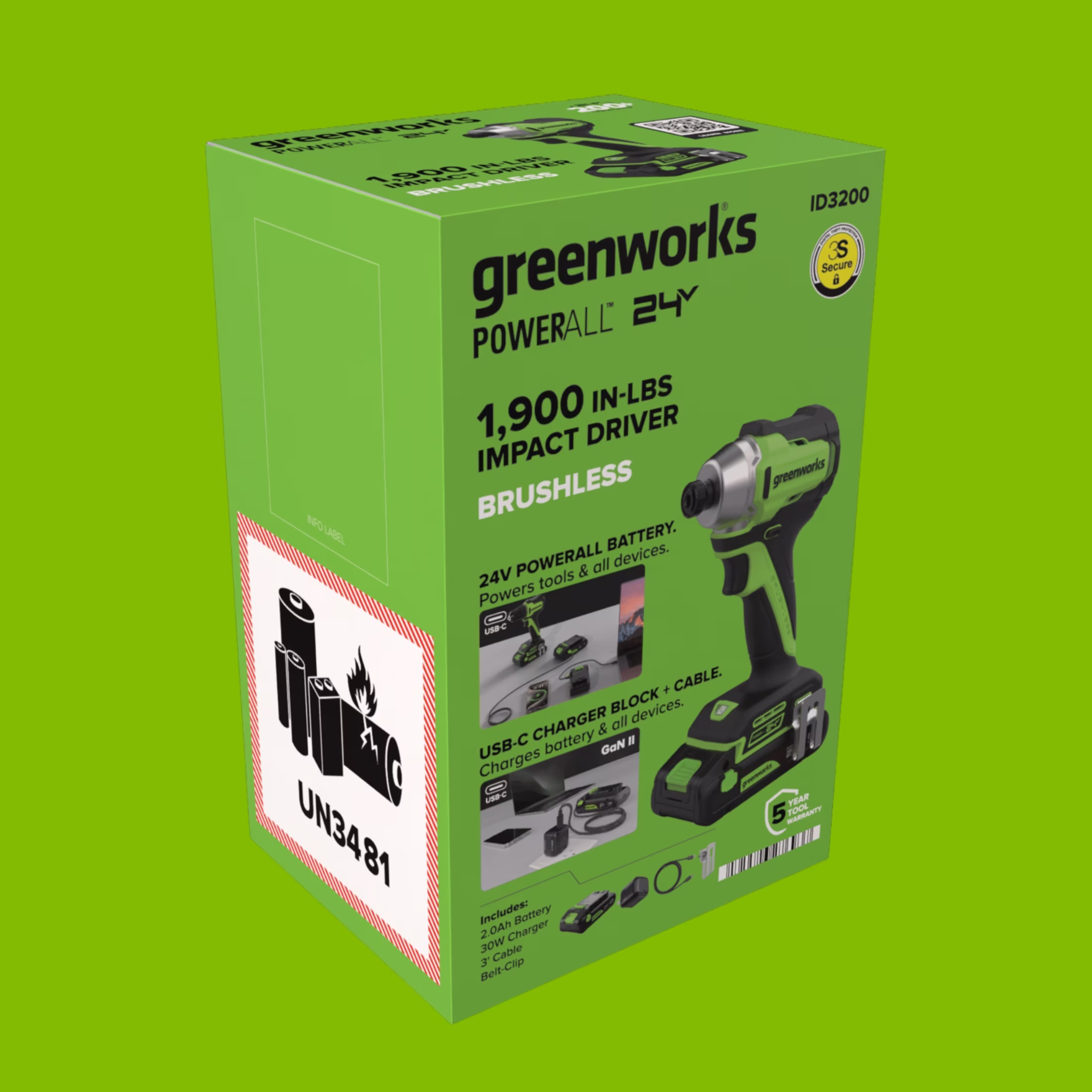 e96b65cdf14eae6292e9451074fc5432a0b579f47daaaba93bda4a22c044eb55 Greenworks PowerAll 24V Brushless 1,900 In-Lb Impact Driver, with 2.0 Ah USB-C Battery, 30W USB-C Charger Block, 3' 100W USB-C Cable, ID3200A1