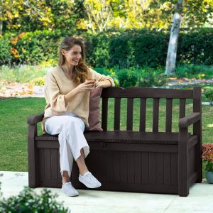 Keter Solana 70 Gallon Storage Bench Deck Box for Patio Furniture, Front Porch Decor and Outdoor Seating ¨C Perfect to Store Garden Tools and Pool Toys, Brown(Deck Box + Storage)