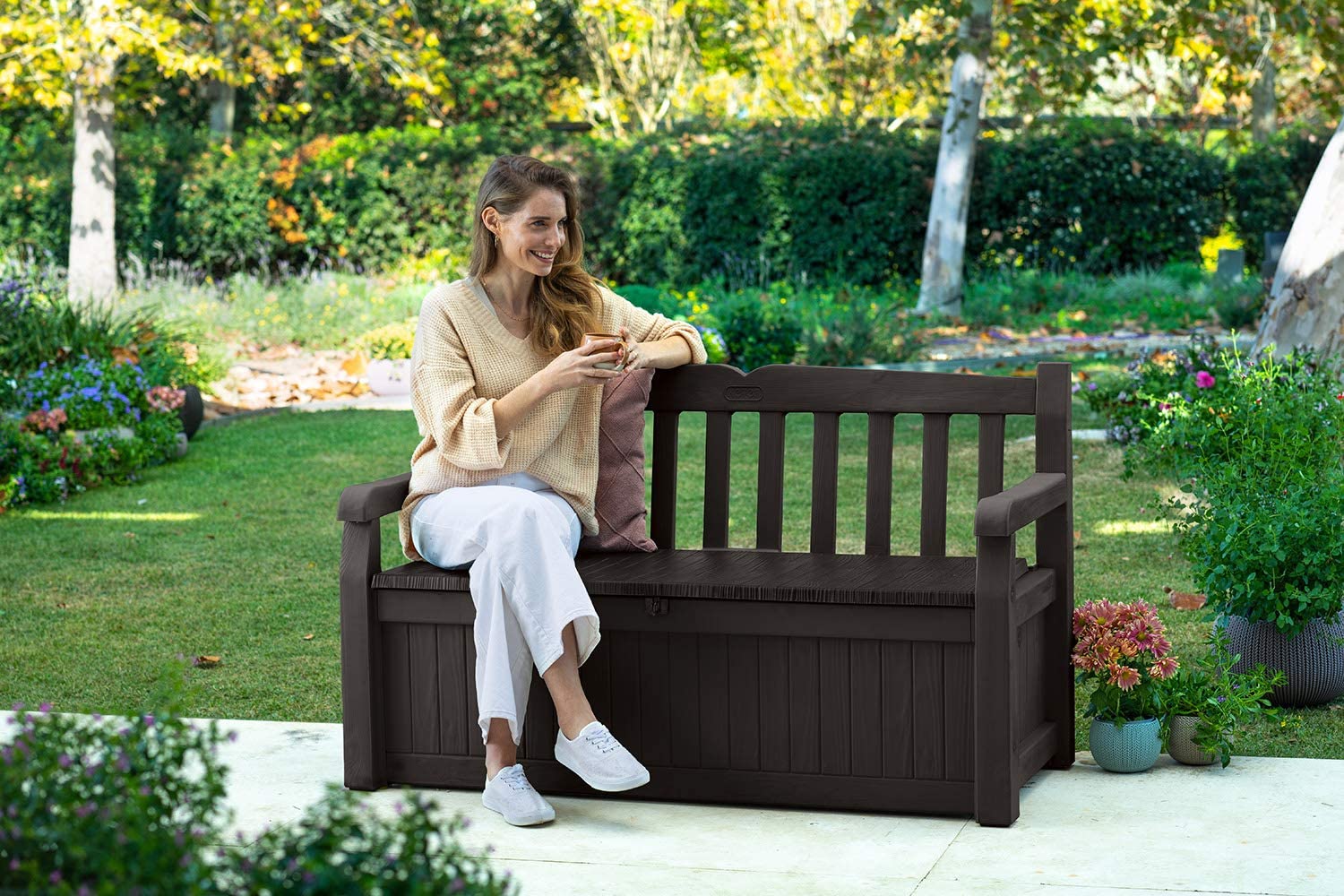 e9ef63c6c9c578f2071b9865a81f898bbb05a058bd512adfe2c43408b070057d Keter Solana 70 Gallon Storage Bench Deck Box for Patio Furniture, Front Porch Decor and Outdoor Seating ¨C Perfect to Store Garden Tools and Pool Toys, Brown(Deck Box + Storage)