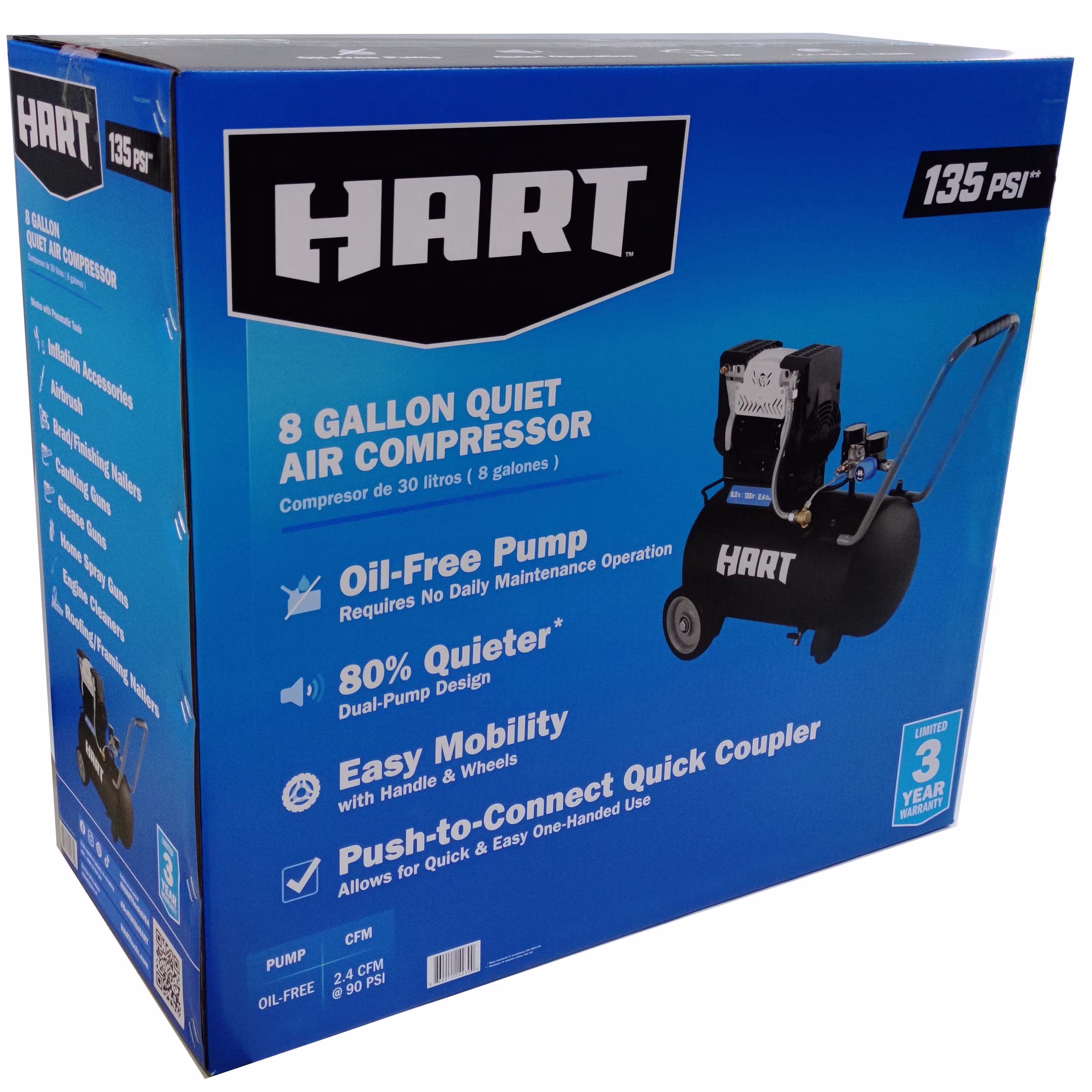 ea1b4002b22825caa6da6f9cd64295623cc057d0738d54c1cc2fe58729f5e875 HART Black 135 PSI Oil-Free Electric Air Compressor 8 gal