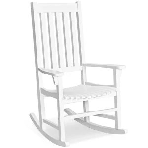 Rocking Chair Solid Wooden Frame Porch Rocker Indoor Outdoor(White)