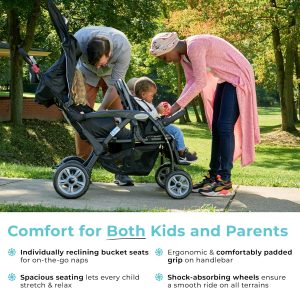 Compass Quad 4 Seat Stroller | 4-Seat Stroller for Daycare | Oversized UV Blocking Canopy | 5-Point Harness | Easy Loading | Storage Bucket | Teal(Red)