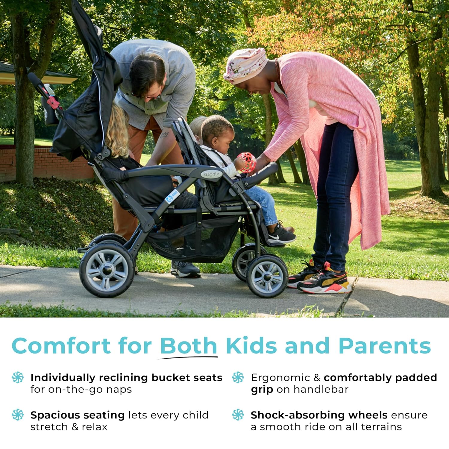 eaa9b4fbce4cc621907c8c51c381c84ef870efb81d2f4dd591f78272b99dae60 Compass Quad 4 Seat Stroller | 4-Seat Stroller for Daycare | Oversized UV Blocking Canopy | 5-Point Harness | Easy Loading | Storage Bucket | Teal(Red)