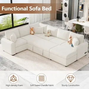 Chenille Sectional Sofa Pull-out Sofa Bed, L-Shape Sleeper Sofa with Storage Ottoman, 3 Pillows and Charging Devices(Cream)